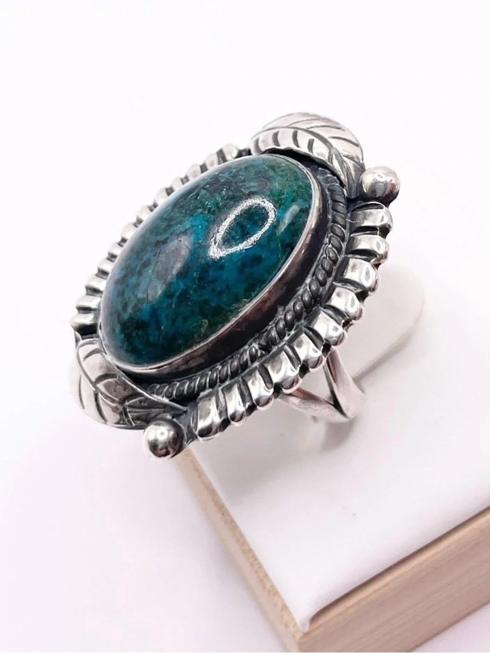 Size 7 925 Sterling Silver Teal Chrysocolla Statement Ring